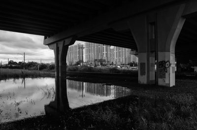 Reflection of bridge on river against sky