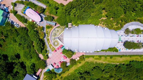 High angle view of buildings in park