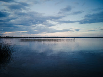 Scenic view of lake against sky at sunset