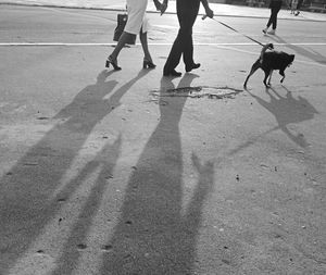Low section of people walking on street in city