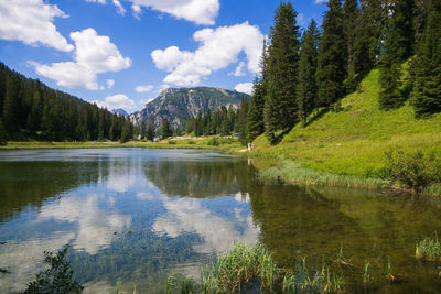 Scenic view of lake by trees against sky