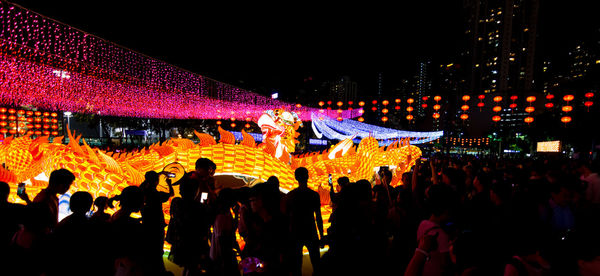 Group of people in illuminated city at night