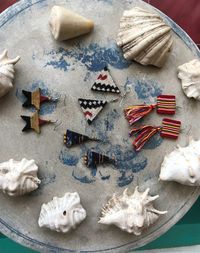 Directly above shot of earrings and shells on table