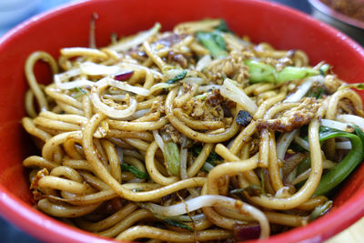 Close-up of noodles served in bowl