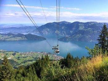 High angle view of overhead cable car over sea against sky