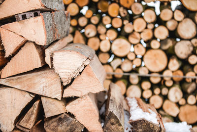 Close-up of stack of logs