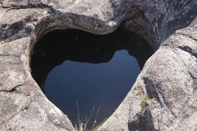 High angle view of rock formation in lake