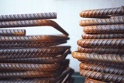 Close-up of stacked metal rods