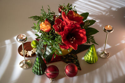 High angle view of flower bouquet on table