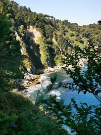 Scenic view of waterfall against clear sky