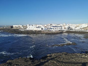 Scenic view of sea against clear blue sky