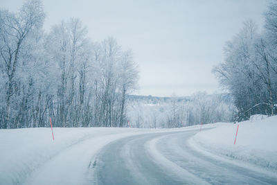 Snow covered road by trees against sky