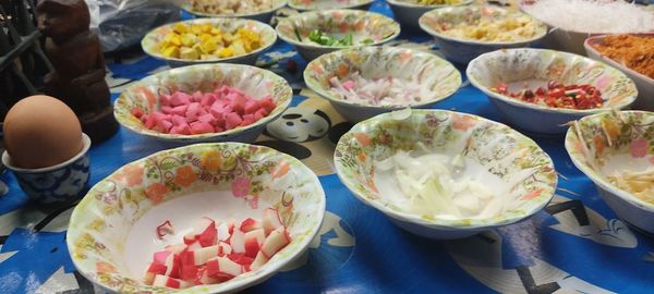 High angle view of fruits on table at market