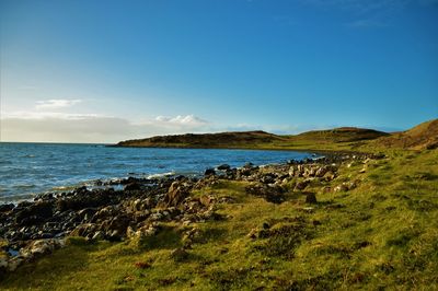 Scenic view of sea against clear blue sky