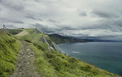 Scenic view of land and mountains against sky