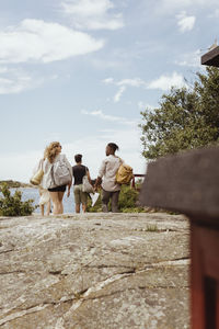 Rear view of friends walking against sky during picnic