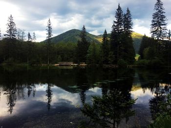 Reflection of trees in lake against sky