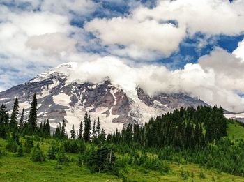 Scenic view of mountains against cloudy sky