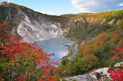 Scenic view of mountains against sky during autumn