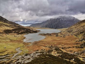 Scenic view of lake and mountains against sky