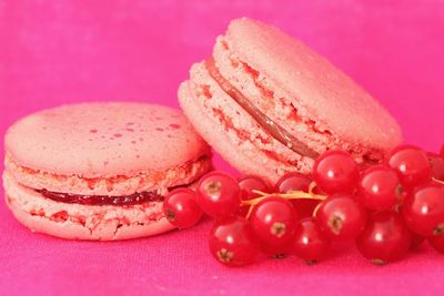 Close-up of macaroons and berries on pink background