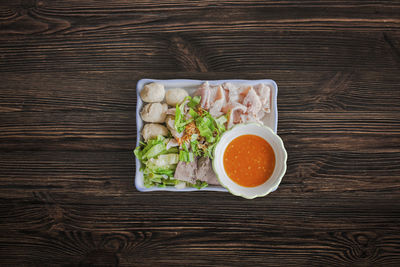 High angle view of meal served on table