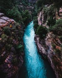 High angle view of water flowing through rocks