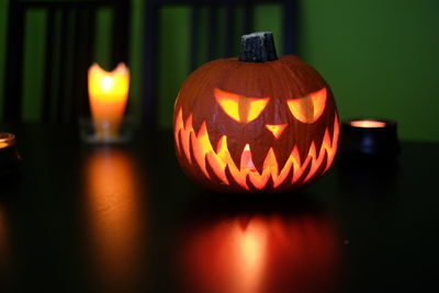 Close-up of illuminated halloween pumpkin