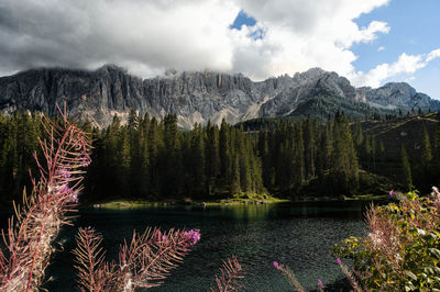 Scenic view of lake by mountains against sky