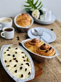 High angle view of breakfast on table