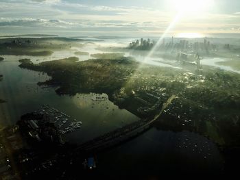 High angle shot of river along townscape