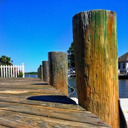 Close-up of wooden wall against clear blue sky