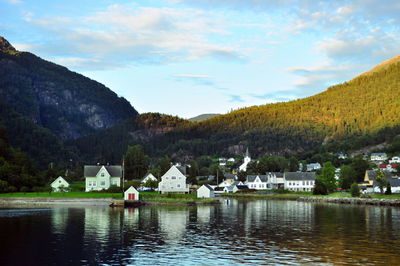 Scenic view of river with houses in background