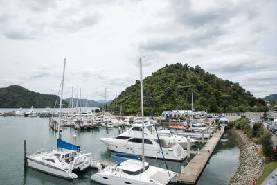 Boats moored at harbor against sky