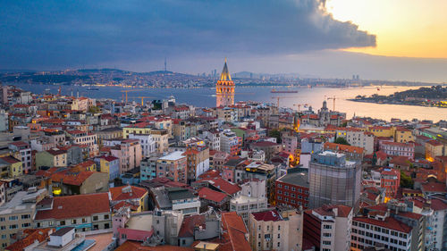 High angle view of city buildings during sunset