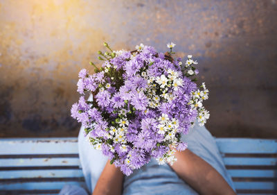 Midsection of woman holding purple flowering plant