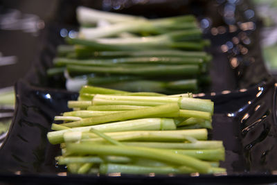 Close-up of chopped vegetables of water parsley and green onions on plate