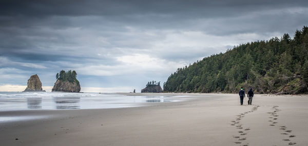 People walking on beach against sky