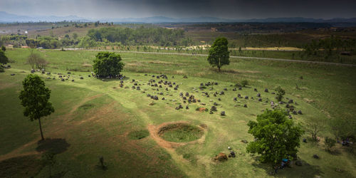 High angle view of field against sky