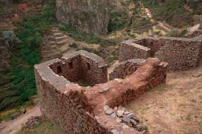 High angle view of old ruins in forest