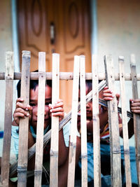 Close-up of clothespins on clothesline