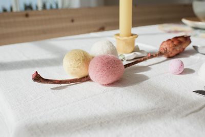 Easter egg table decorations for a meal at home in spring