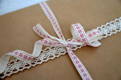 Close-up of ribbon on box