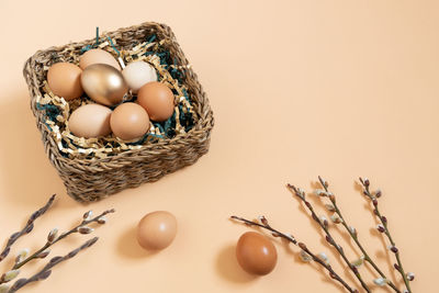 High angle view of easter eggs in nest on white background