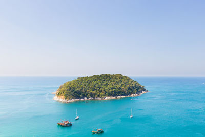 High angle view of boats sailing in sea