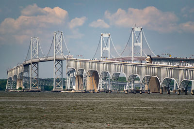 Suspension bridge in city against sky