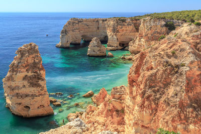 Scenic view of rock formation in sea against sky