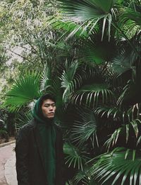 Portrait of young man standing against palm trees