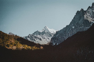 Scenic view of snowcapped mountains against clear sky