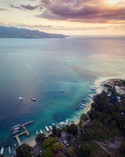 High angle view of bay against sky